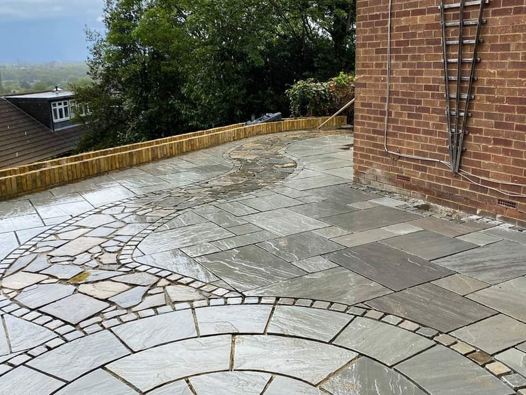 sandstone patio, circle kit, brick wall planter