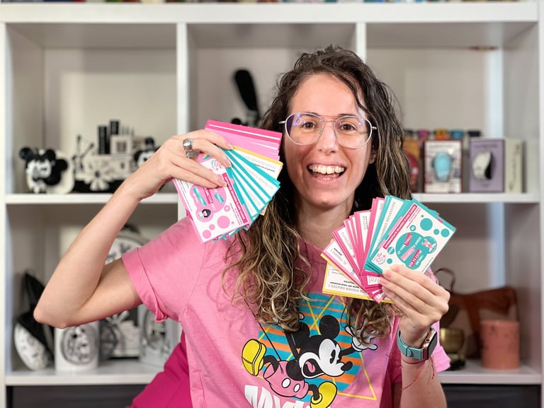 A Spanish tutor holding flashcards