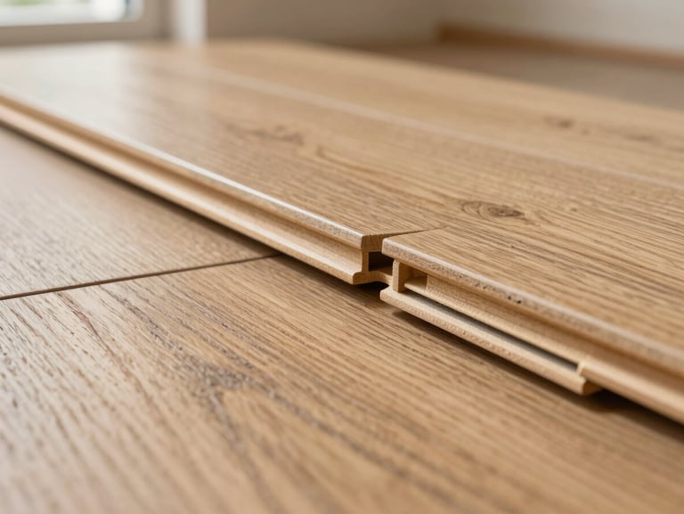 Close-up texture of premium laminate flooring locking system, showing the precise interlocking tongue and groove joints, wood grain detail