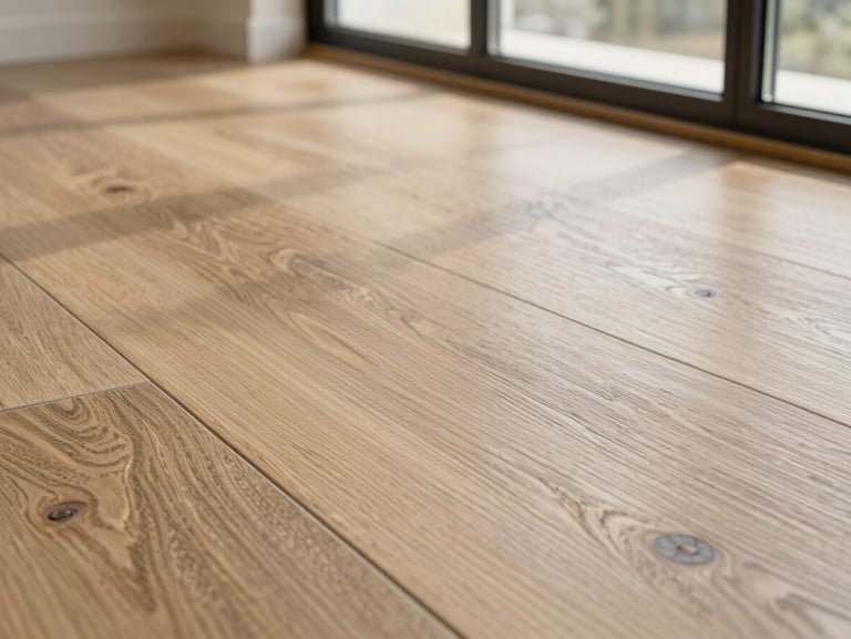 Close-up texture of modern stone-polymer composite (SPC) luxury vinyl plank showing deep embossed grain, bright window light