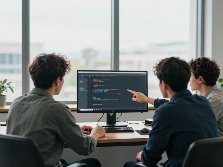 Shoulder-to-shoulder wide shot of three team members gathered around a monitor during a code review session, pointing at specific lines on screen, natural daylight from a large office window, relaxed working posture