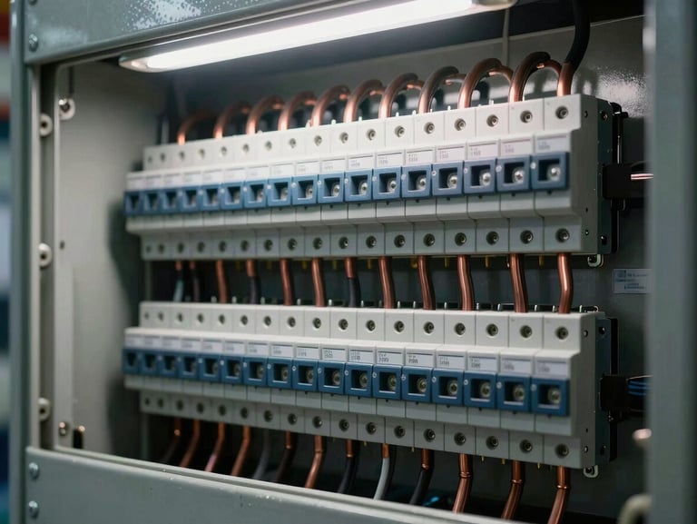 Close-up of an open electrical load-center panel box showing organized breaker rows, copper bus bars, and labeled circuit positions — cool warehouse fluorescent light raking across the panel face revealing stamped metal detail and wire landing points, no hands present