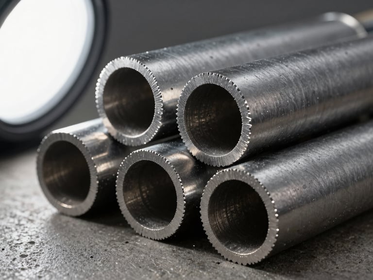 Extreme close-up of EMT conduit cross-sections cut cleanly at angle, steel-grey surfaces showing precise edges and interior diameter, overcast studio strobe from upper left revealing metallic texture and burr-free cuts, arranged on a dark concrete surface
