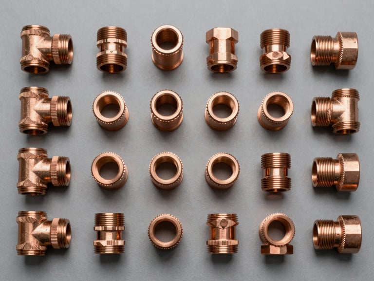 Overhead catalog-style shot of copper pipe fittings — elbows, tees, couplings — laid out in a precise grid on a matte grey surface, cool studio strobe from directly above revealing the warm copper tone against neutral background, no hands or labels