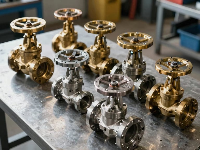 Overhead documentation shot of industrial ball valves and gate valves in multiple sizes arranged in a row on a steel worktable, cool north-light illumination from the left revealing machined brass and stainless-steel body details, honest workshop setting