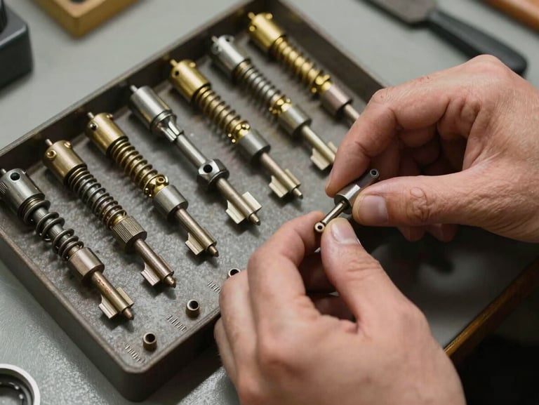 Overhead close-up of a locksmith's hands arranging master-key cylinders and pinning tray on a workshop bench under even side-light, brass pins and springs visible in precise rows