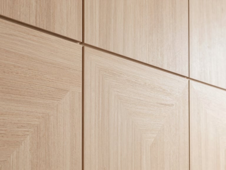 Clean architectural shot of custom wooden wall paneling in light ash wood, geometric lines, modern interior.