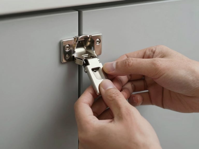 Close-up of hands carefully adjusting a modern cabinet hinge, clean matte grey surface, natural lighting.