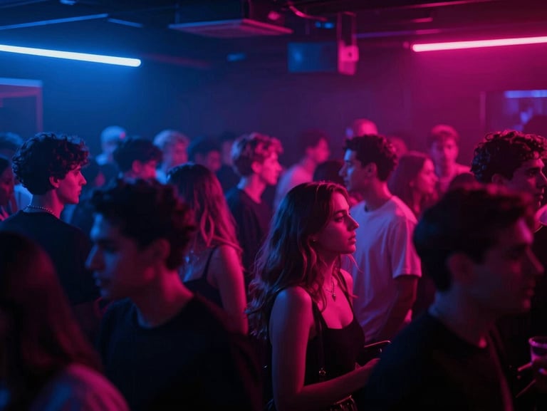 Cinematic editorial photography of a vibrant crowd in a high-end nightclub, sharp motion, neon blue and magenta backlights, high contrast, 35mm