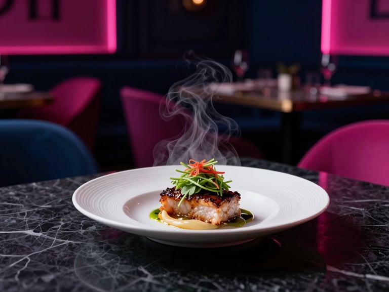 Cinematic editorial photography of a dramatically lit signature dish on a dark marble table, sharp detail, steam rising, luxury restaurant interior, 35mm