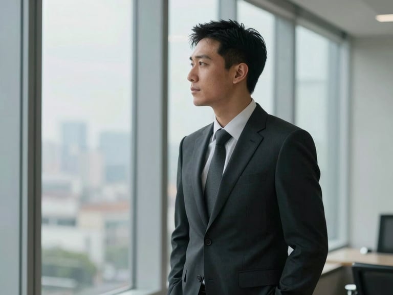 Thoughtful portrait of a professional man in a dark tailored suit looking out of a large window in a high-rise office, soft side-lighting.