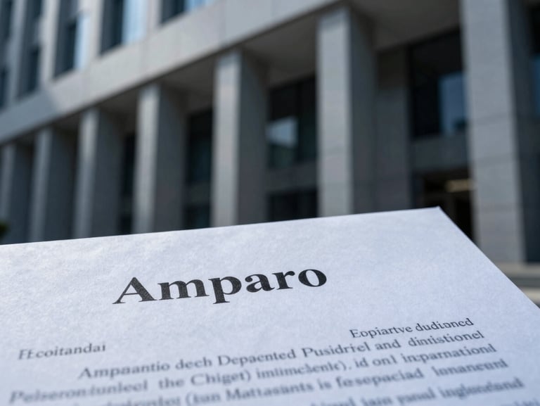 Close-up macro shot of signing high-stakes legal Amparo documents under dramatic sharp lighting, cool steel tones, shallow depth of field.