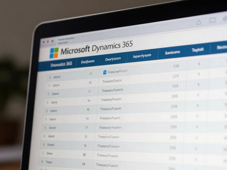 Macro crop of a clean Microsoft Dynamics 365 interface showing a native TreasuryFusion dashboard, cool daylight, structured data tables, precise slate borders.
