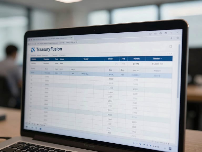 Macro view of clean, high-fidelity D365 interface showing TreasuryFusion bank reconciliation tables, cool corporate office daylight, minimalist technical UI.