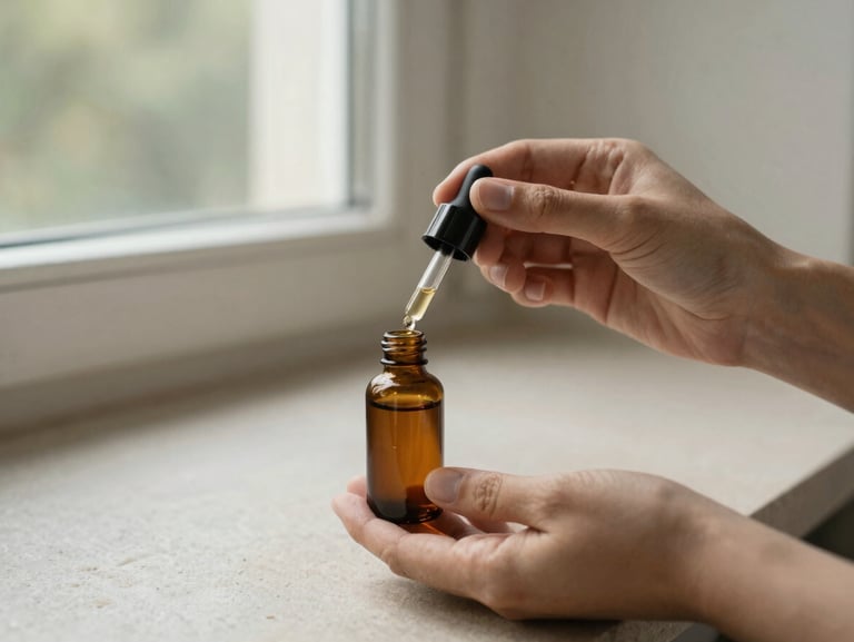 Hands holding an elegant amber tincture dropper over a clean stone surface, soft natural window light, muted sage and sand tones, shallow depth of field, 35mm