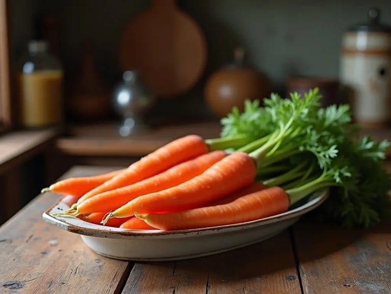 Des carottes dans un plat, posé sur une table en bois usée, dans une vieille cuisine