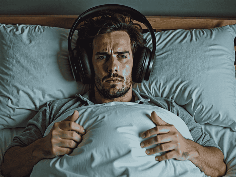 Man in bed wearing headphones