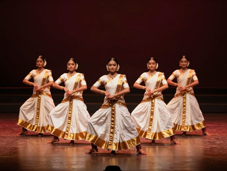 Synchronized Malabar Duffmuttu dancers in traditional white and gold attire, moving in a perfect geometric line on a dimly lit luxury stage, motion blur