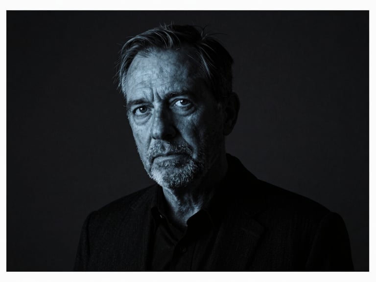 Dramatic high-contrast studio portrait of a founder in dark clothing, sharp rim lighting, deep charcoal background, 35mm