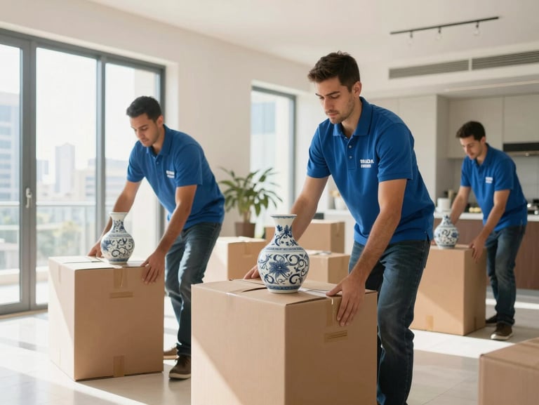 Professional movers in branded uniforms carefully packing fragile porcelain into structured boxes inside a modern Dubai apartment, bright natural light.