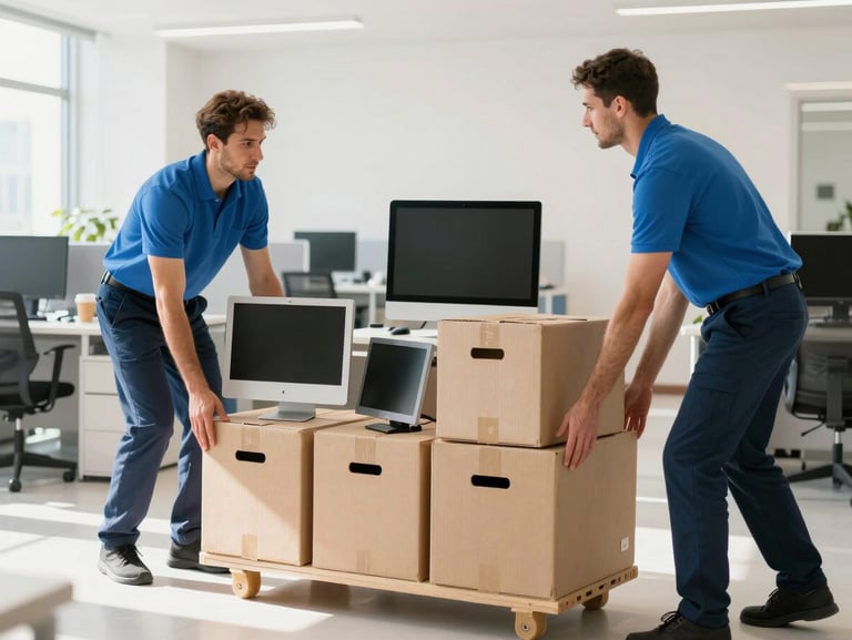 Movers carefully transporting structured office crates and computer monitors in a clean, organized manner, bright office background.