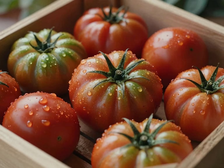 Close-up of fresh heirloom tomatoes in a wooden crate, water droplets visible, soft morning daylight, rich red and green tones, Scandinavian market styling.