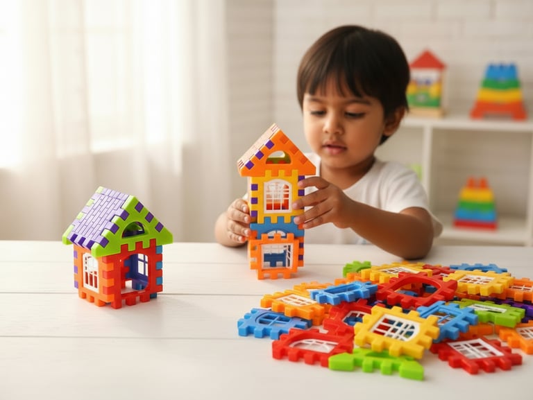 Young child playing with colorful House building blocks creating toy houses on a white table.
