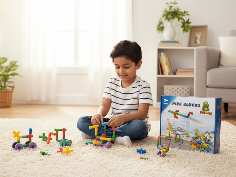 A young boy playing with colorful plastic pipe blocks building set on a white rug in a bright living room.
