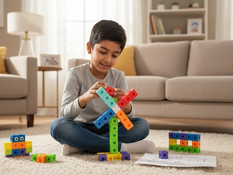 A young boy playing with colorful Cube building blocks to create a windmill on a living room rug.