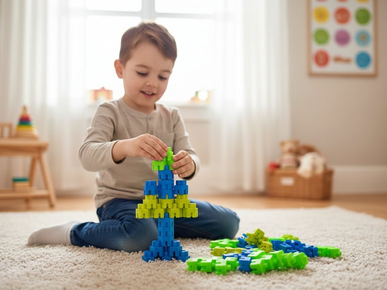 A young boy sits on a rug building a blue and green tower with interlocking Hexa blocks.