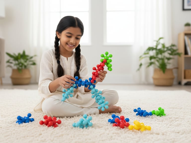 Young girl playing with colorful starlink blocks on a rug, promoting creative STEM learning.