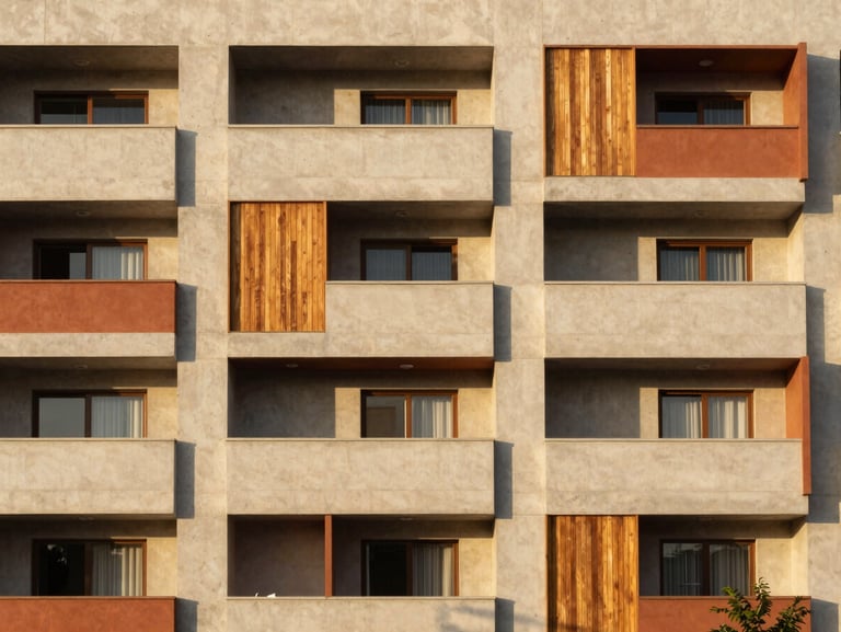 Facade of a modern multi-family residential building in Tacna, clean lines, terracotta accents, golden-hour sunlight, architectural photography, 35mm lens.