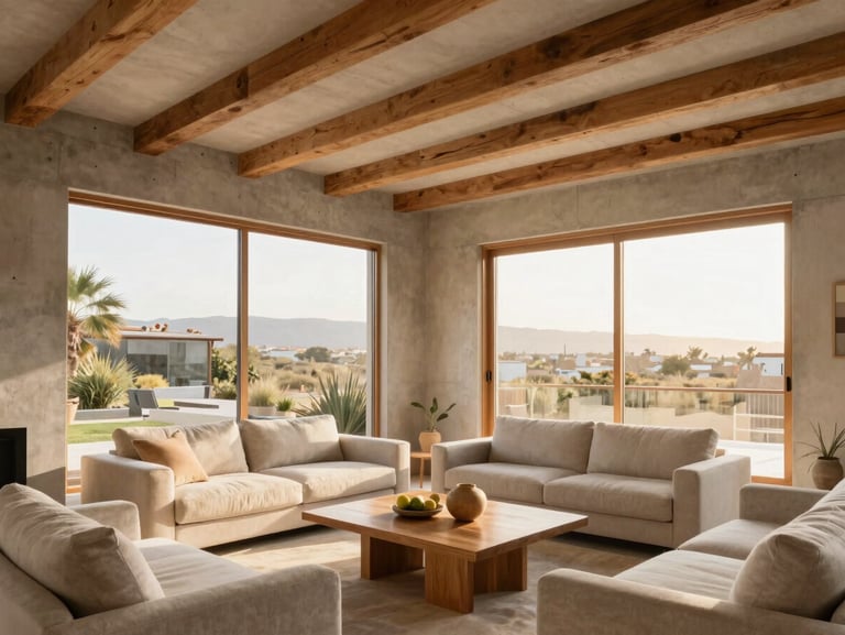 Bright interior living room of a custom home in Tacna, warm natural light flooding through large windows, clean concrete finishes and wooden beams, minimalist furniture, 35mm lens.