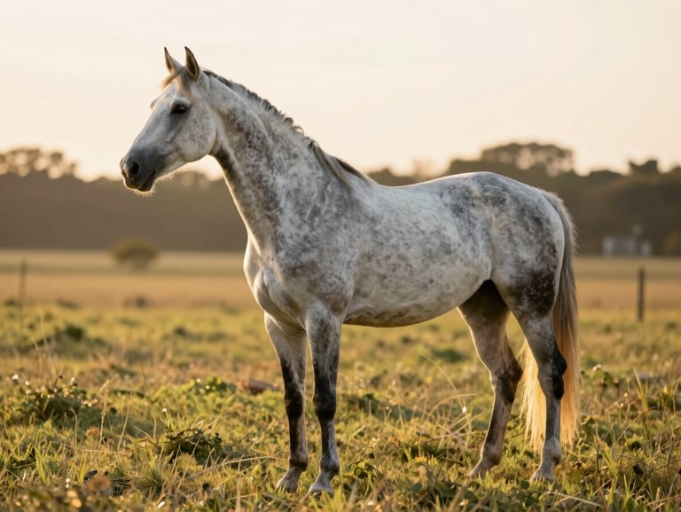 A grey Andalusian PRE broodmare standing gracefully in a grassy pasture, warm golden hour light, soft focus.