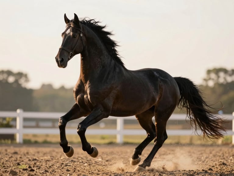 A majestic black Friesian stallion trotting in an arena, high-stepping gait, morning light, shallow depth of field.