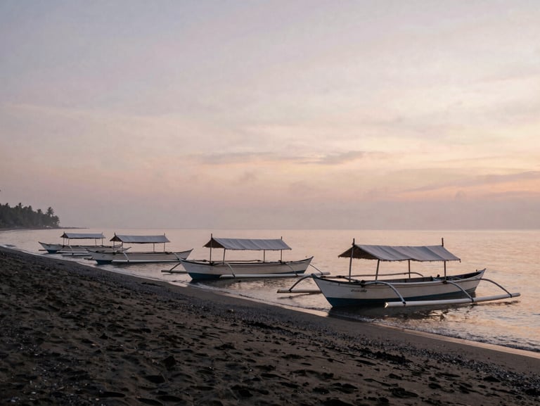 Misty morning over the quiet black sand bay of Amed, traditional outrigger boats lined up on the shore, calm sea, soft pastel dawn sky