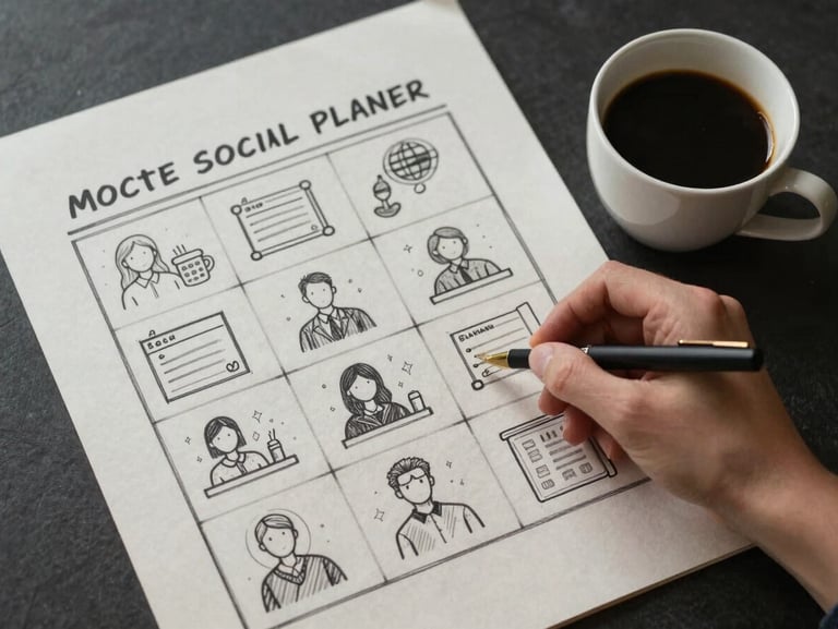 Overhead shot of a content planner sketching a social grid layout on a sheet of rough parchment paper next to a ceramic cup of black coffee, moody side lighting