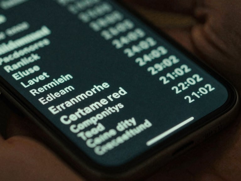 A close-up macro shot of a physical mobile screen displaying clean terminal-style system telemetry, low-key moody green light reflecting on a hand