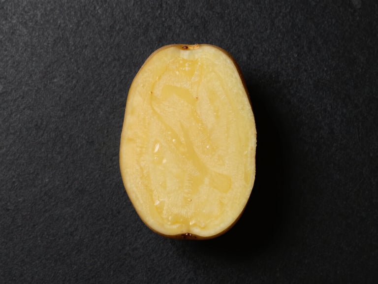 Top-down structured flat lay of a single raw heirloom potato sliced cleanly in half, high-contrast studio lighting, deep obsidian background
