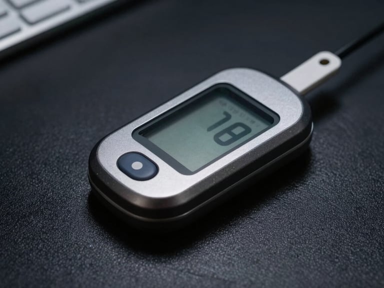 Extreme macro close-up of a sleek, dark metallic continuous glucose monitor sensor on a sterile black surface, dramatic laboratory lighting, sharp shadows