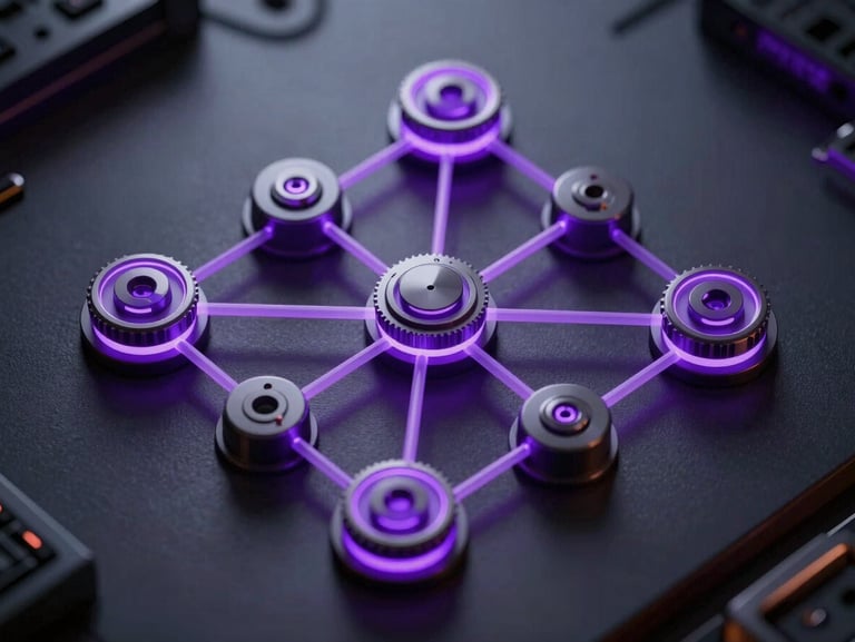 Close-up isometric view of complex workflow engineering nodes, self-illuminating violet connections, technical interface elements on a matte dark surface, high contrast.