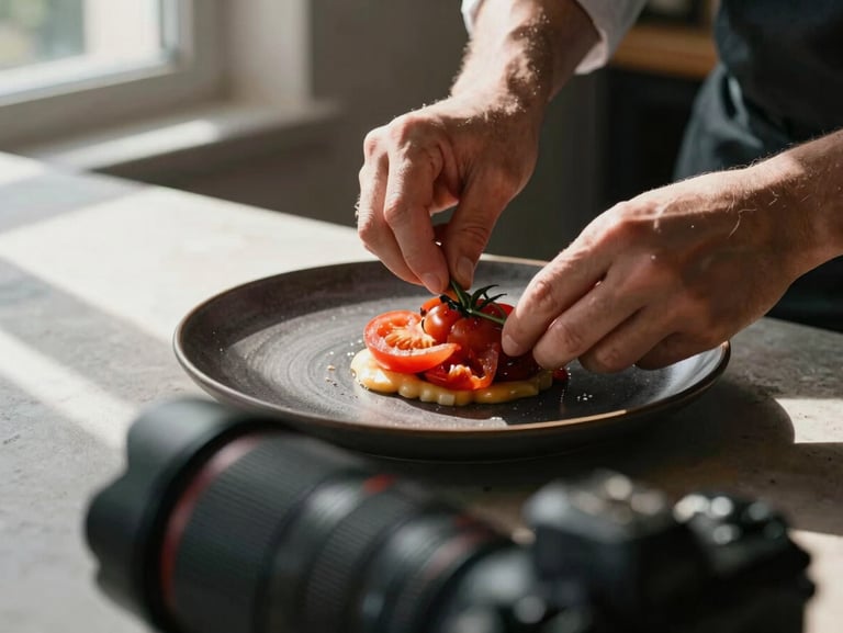 A close-up, environmental shot of a chef's hands carefully plating a rustic heirloom tomato dish on a dark ceramic plate. Soft, directional natural light streams in from a side window, casting deep, natural shadows. In the soft-focus foreground, a professional camera lens is visible, capturing the moment behind-the-scenes.
