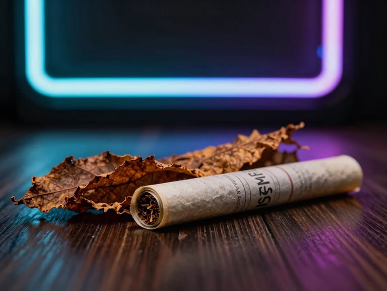 Rich textured tobacco leaves and premium rolling papers on a dark wooden surface, moody low-key lighting