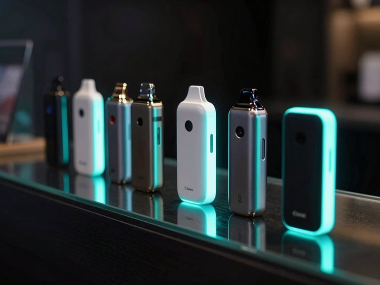 Sleek disposable vape devices aligned on a dark glass counter, glowing neon-cyan under-light, sharp focus