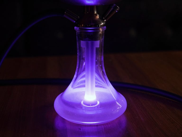 A premium glass hookah with glowing electric-purple LED base lighting, dark moody atmosphere