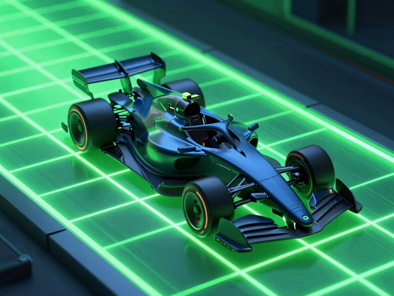Sleek dark-mode 3d render of a futuristic sports car racing on a glowing green neon grid track, high-contrast cybernetic blue and green tones, macro lens depth of field, angled isometric view