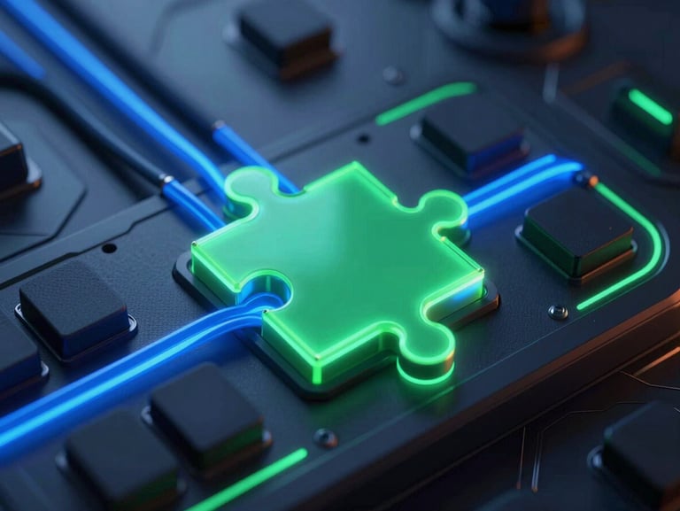 Sleek dark-mode 3d render of a cybernetic puzzle interface with glowing blue neon wires and tactile switches, high-contrast cybernetic blue and green tones, macro lens depth of field