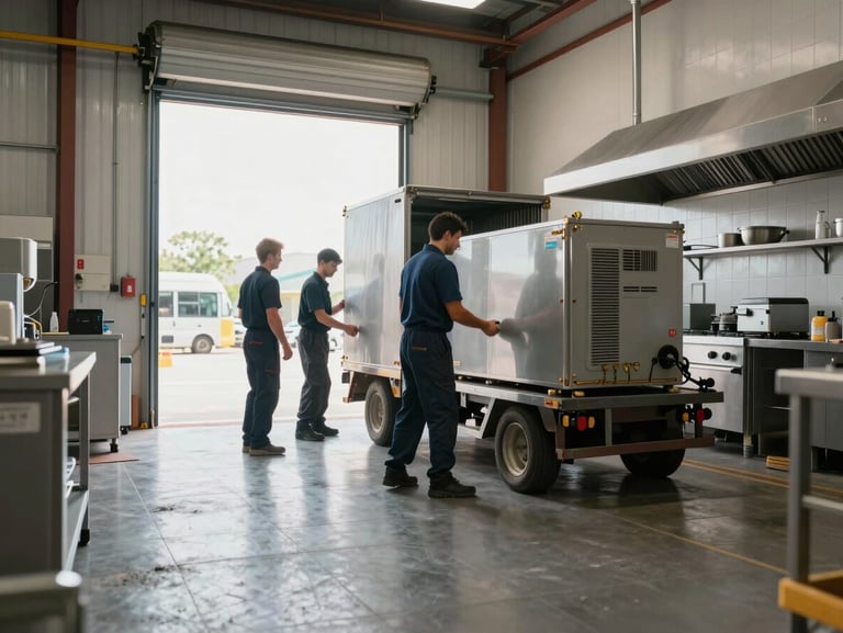 Wide environmental shot looking across a commercial kitchen floor, two technicians in the background loading a disconnected heavy appliance onto a sack truck near a loading bay door, available daylight through the bay door, industrial floor and wall tiles, no staging