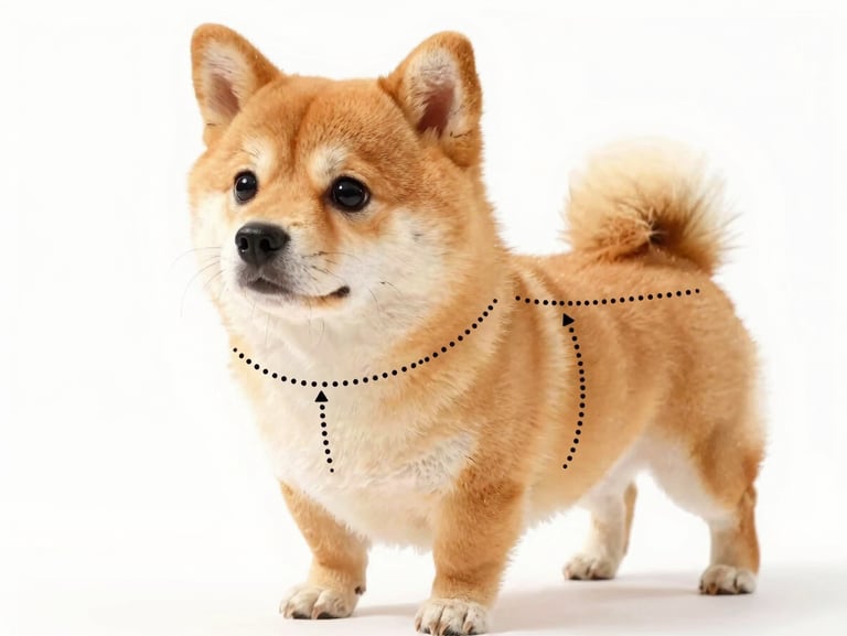 Technical graphic showing a cute cartoon dog with dotted lines indicating where to measure neck, chest, and back length, clean white background