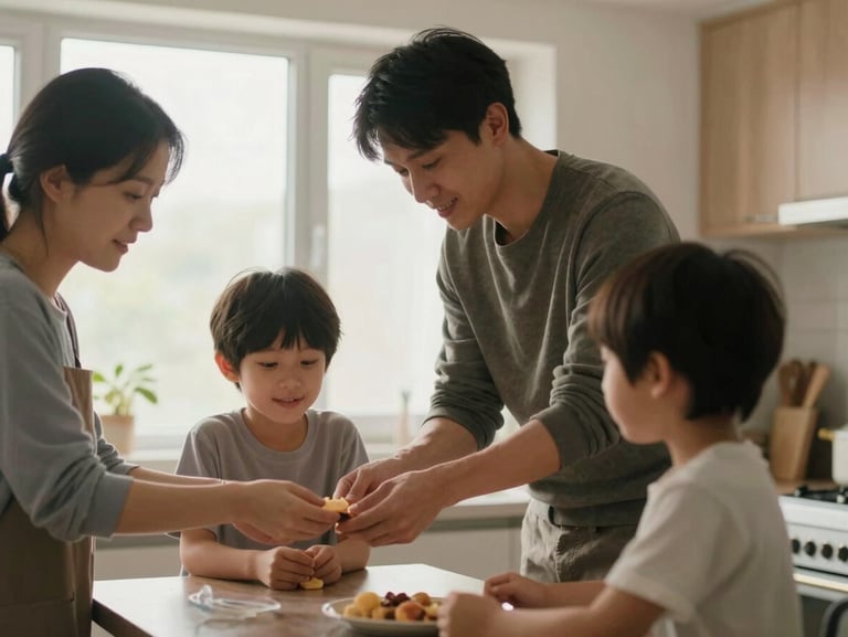 Environmental shot of two adults and a child around a kitchen counter, one adult handing something to the child, the other watching, warm overcast daylight, everyday domestic setting, no one looking at the camera
